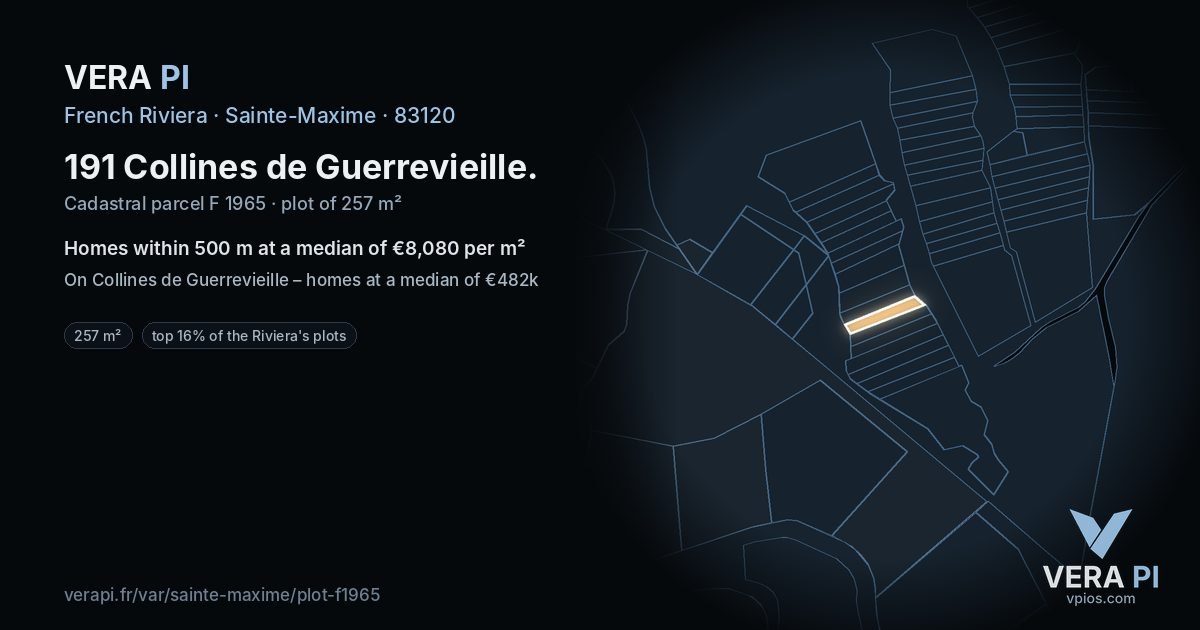 191 Collines de Guerrevieille, Sainte-Maxime at night – the plot lit, the parcels around coloured by the prices near them