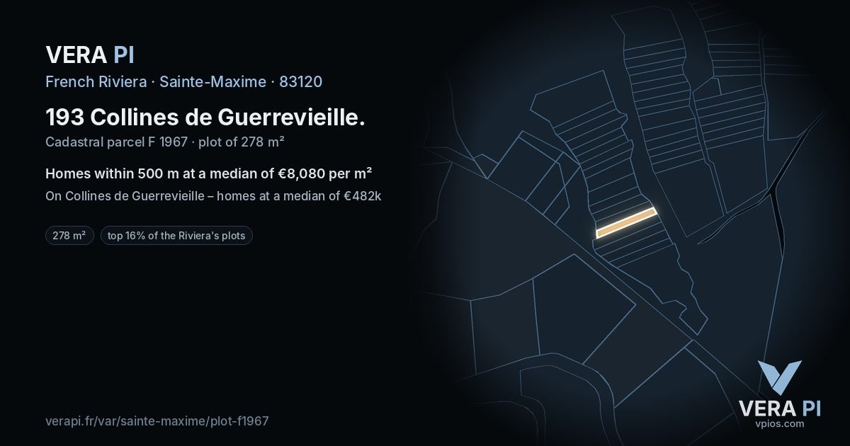 193 Collines de Guerrevieille, Sainte-Maxime at night – the plot lit, the parcels around coloured by the prices near them