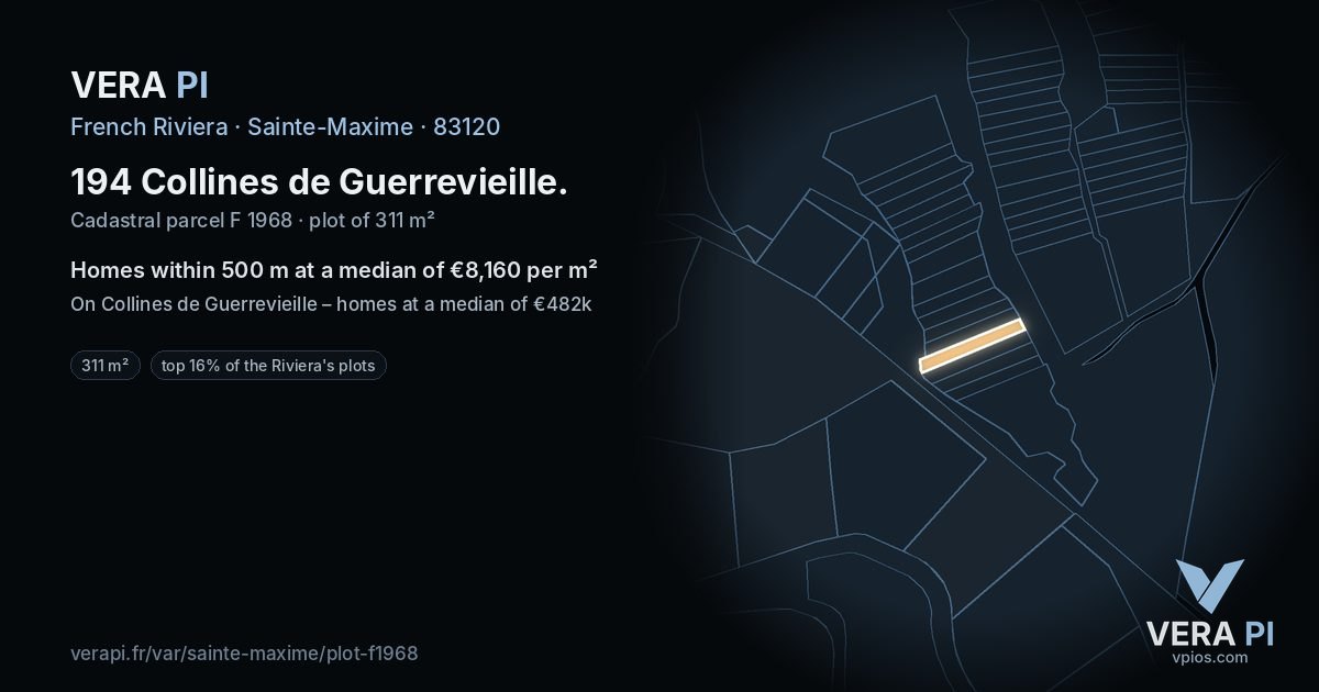 194 Collines de Guerrevieille, Sainte-Maxime at night – the plot lit, the parcels around coloured by the prices near them