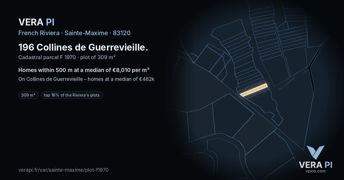 196 Collines de Guerrevieille, Sainte-Maxime at night – the plot lit, the parcels around coloured by the prices near them