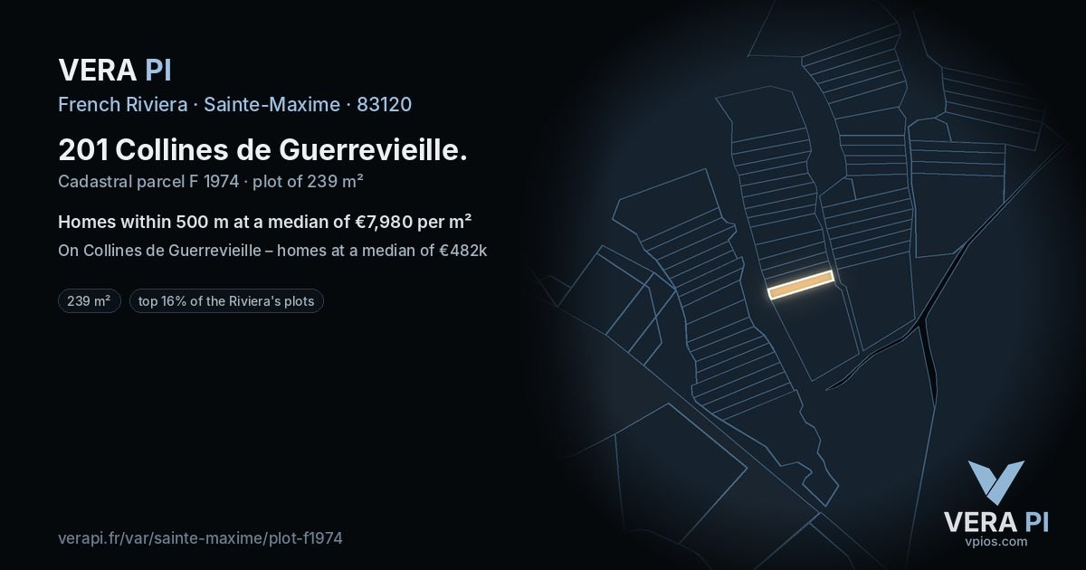 201 Collines de Guerrevieille, Sainte-Maxime at night – the plot lit, the parcels around coloured by the prices near them
