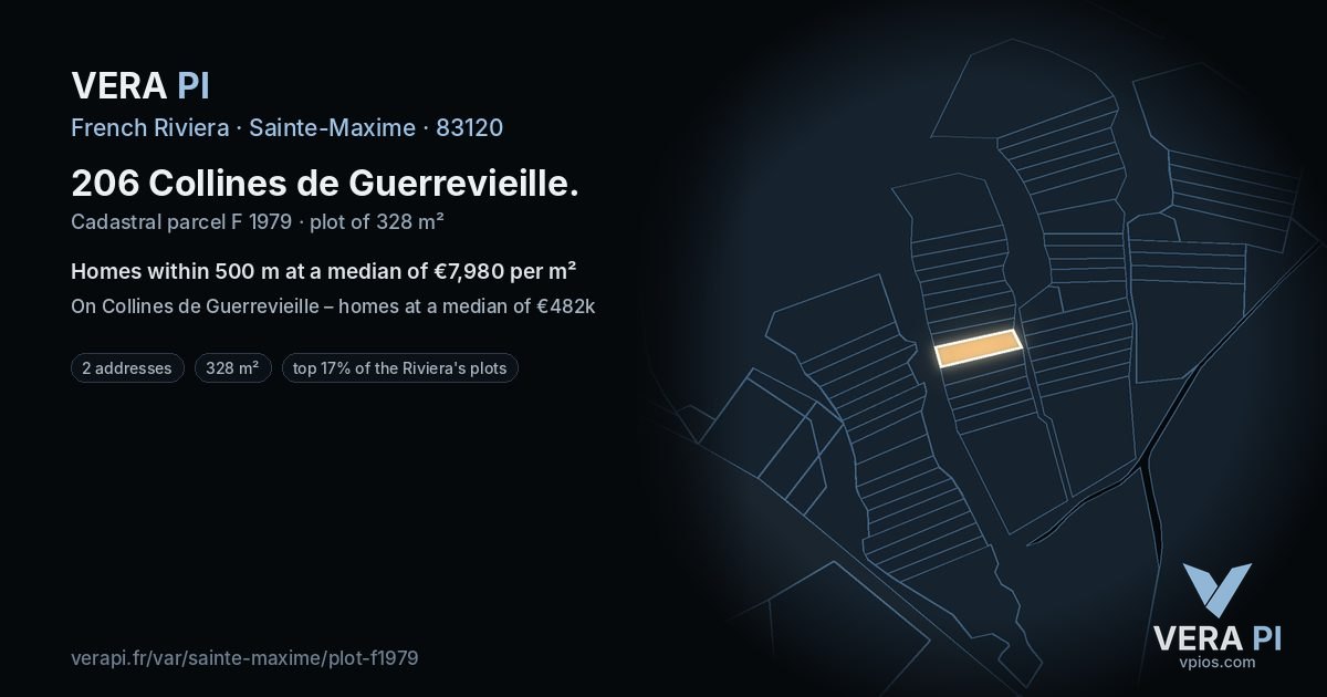 206 Collines de Guerrevieille, Sainte-Maxime at night – the plot lit, the parcels around coloured by the prices near them