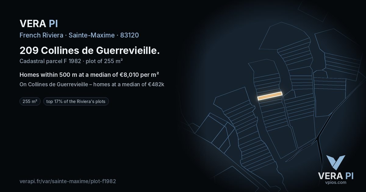 209 Collines de Guerrevieille, Sainte-Maxime at night – the plot lit, the parcels around coloured by the prices near them
