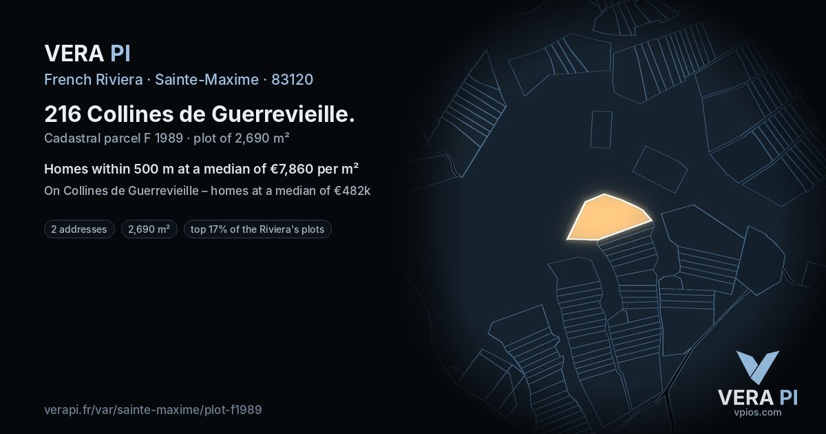 216 Collines de Guerrevieille, Sainte-Maxime at night – the plot lit, the parcels around coloured by the prices near them