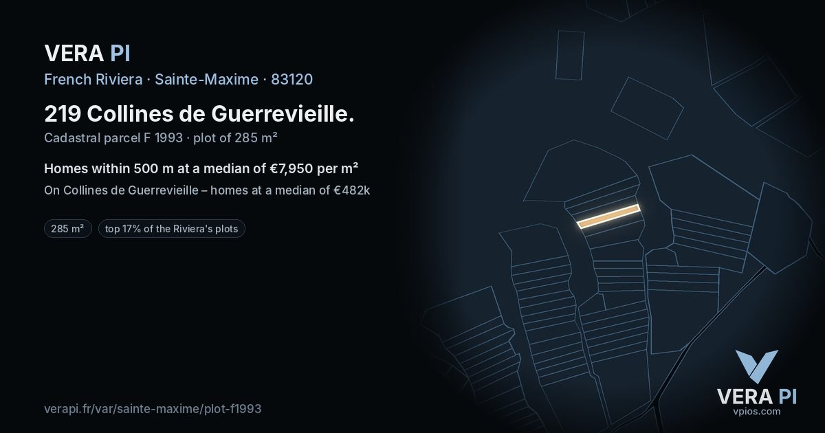 219 Collines de Guerrevieille, Sainte-Maxime at night – the plot lit, the parcels around coloured by the prices near them