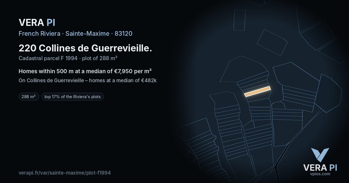 220 Collines de Guerrevieille, Sainte-Maxime at night – the plot lit, the parcels around coloured by the prices near them