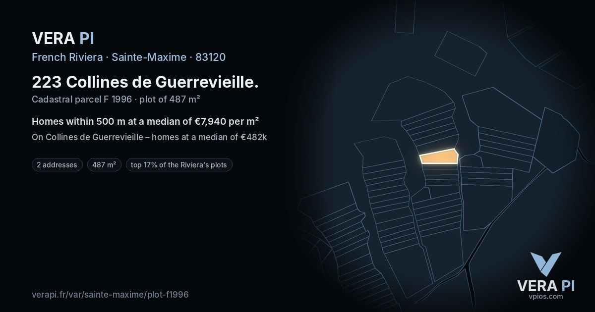 223 Collines de Guerrevieille, Sainte-Maxime at night – the plot lit, the parcels around coloured by the prices near them