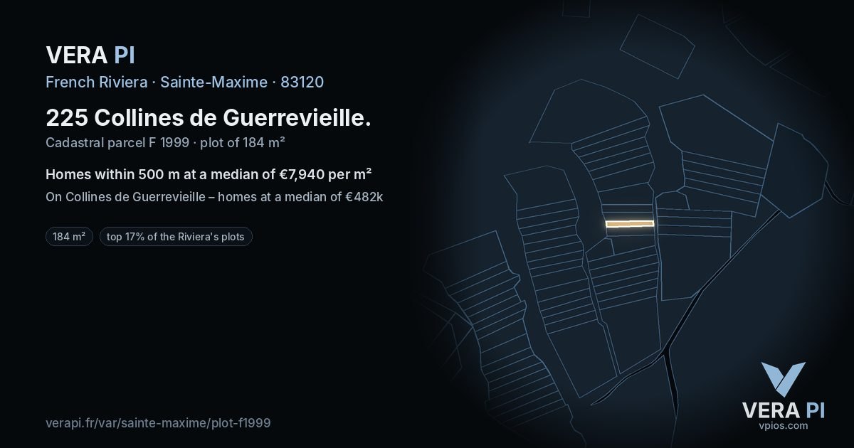 225 Collines de Guerrevieille, Sainte-Maxime at night – the plot lit, the parcels around coloured by the prices near them
