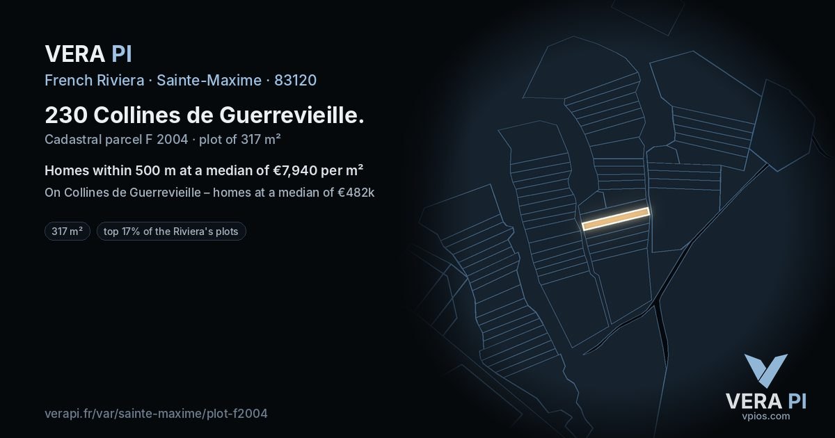 230 Collines de Guerrevieille, Sainte-Maxime at night – the plot lit, the parcels around coloured by the prices near them