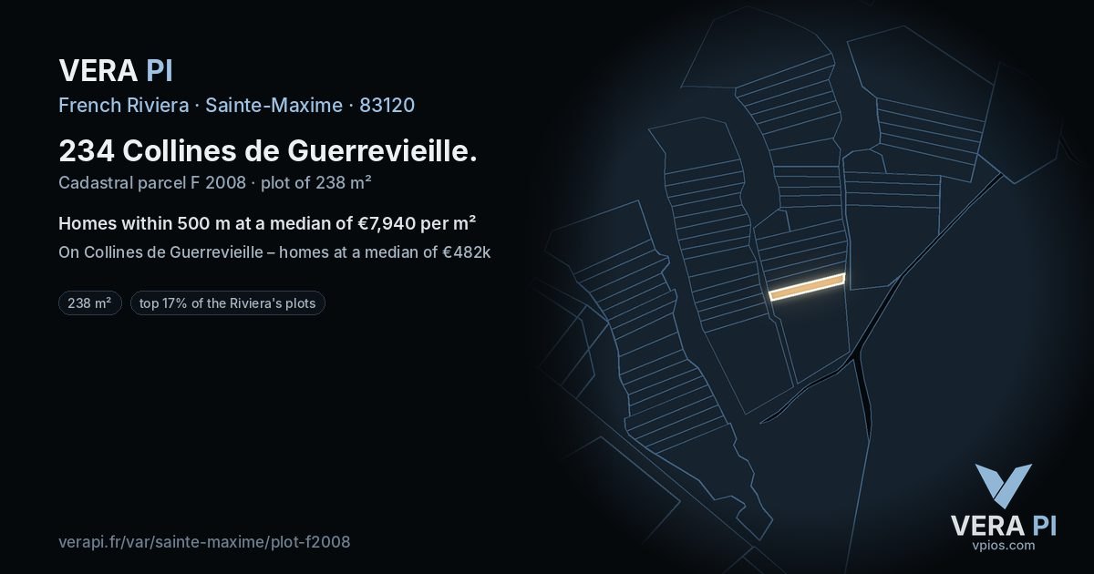 234 Collines de Guerrevieille, Sainte-Maxime at night – the plot lit, the parcels around coloured by the prices near them