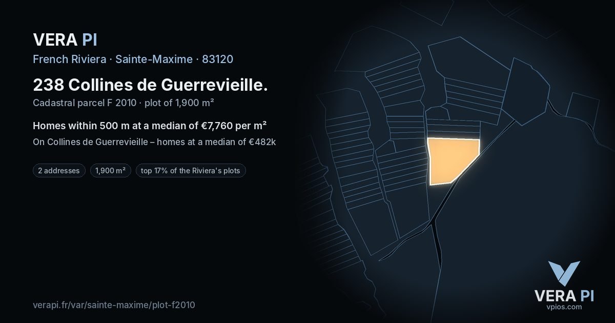 238 Collines de Guerrevieille, Sainte-Maxime at night – the plot lit, the parcels around coloured by the prices near them