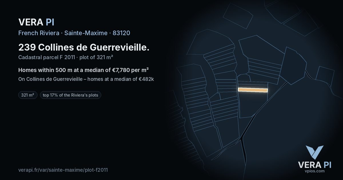239 Collines de Guerrevieille, Sainte-Maxime at night – the plot lit, the parcels around coloured by the prices near them