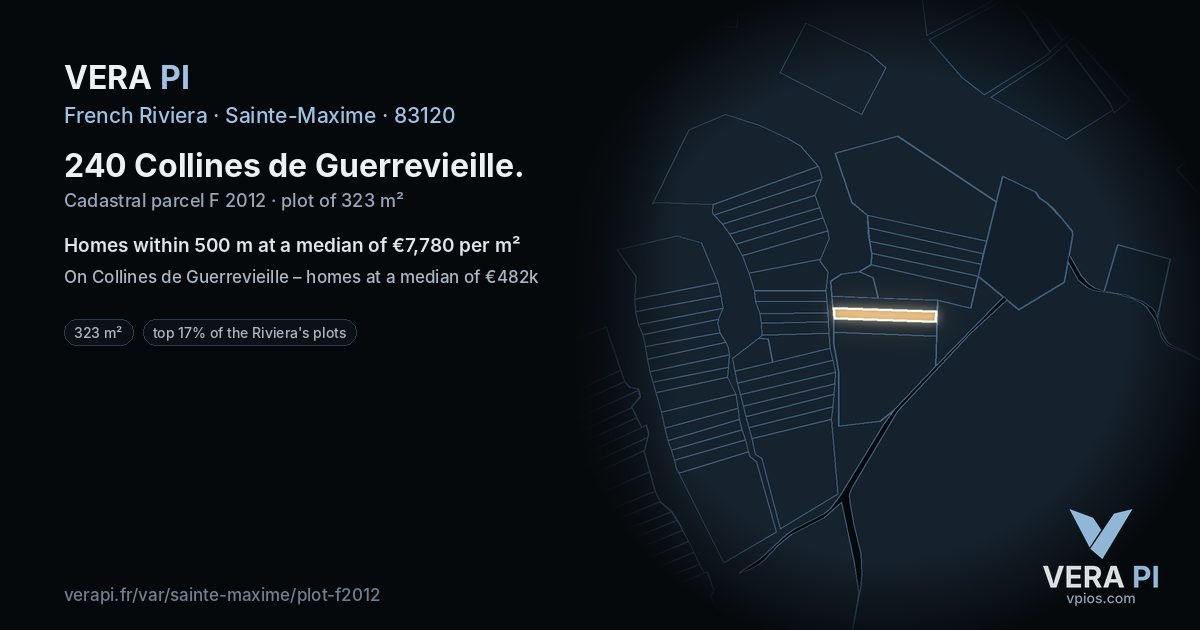 240 Collines de Guerrevieille, Sainte-Maxime at night – the plot lit, the parcels around coloured by the prices near them