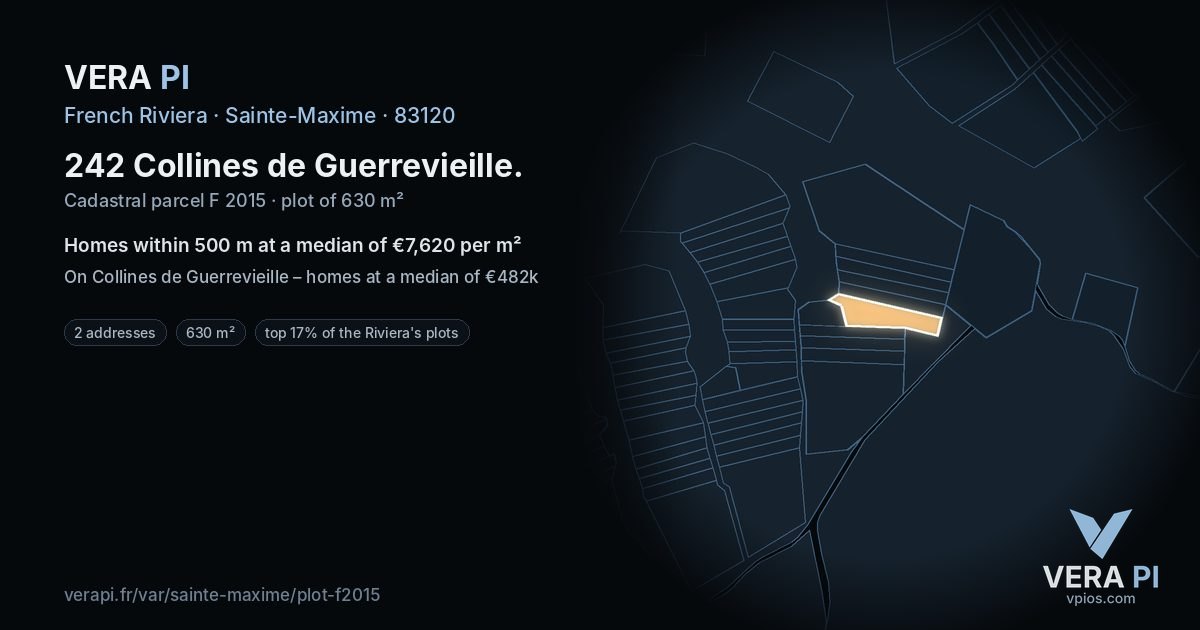 242 Collines de Guerrevieille, Sainte-Maxime at night – the plot lit, the parcels around coloured by the prices near them
