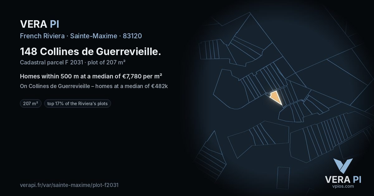 148 Collines de Guerrevieille, Sainte-Maxime at night – the plot lit, the parcels around coloured by the prices near them