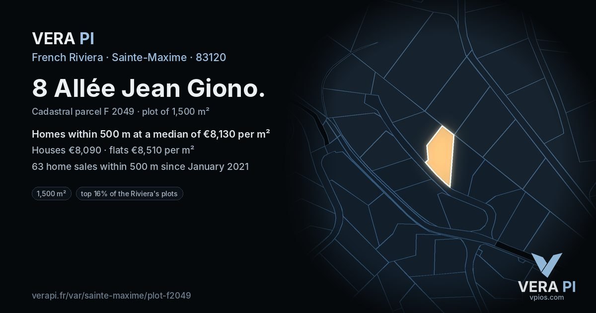8 Allée Jean Giono, Sainte-Maxime at night – the plot lit, the parcels around coloured by the prices near them