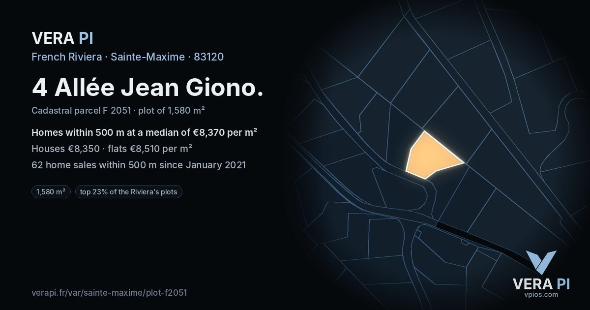 4 Allée Jean Giono, Sainte-Maxime at night – the plot lit, the parcels around coloured by the prices near them