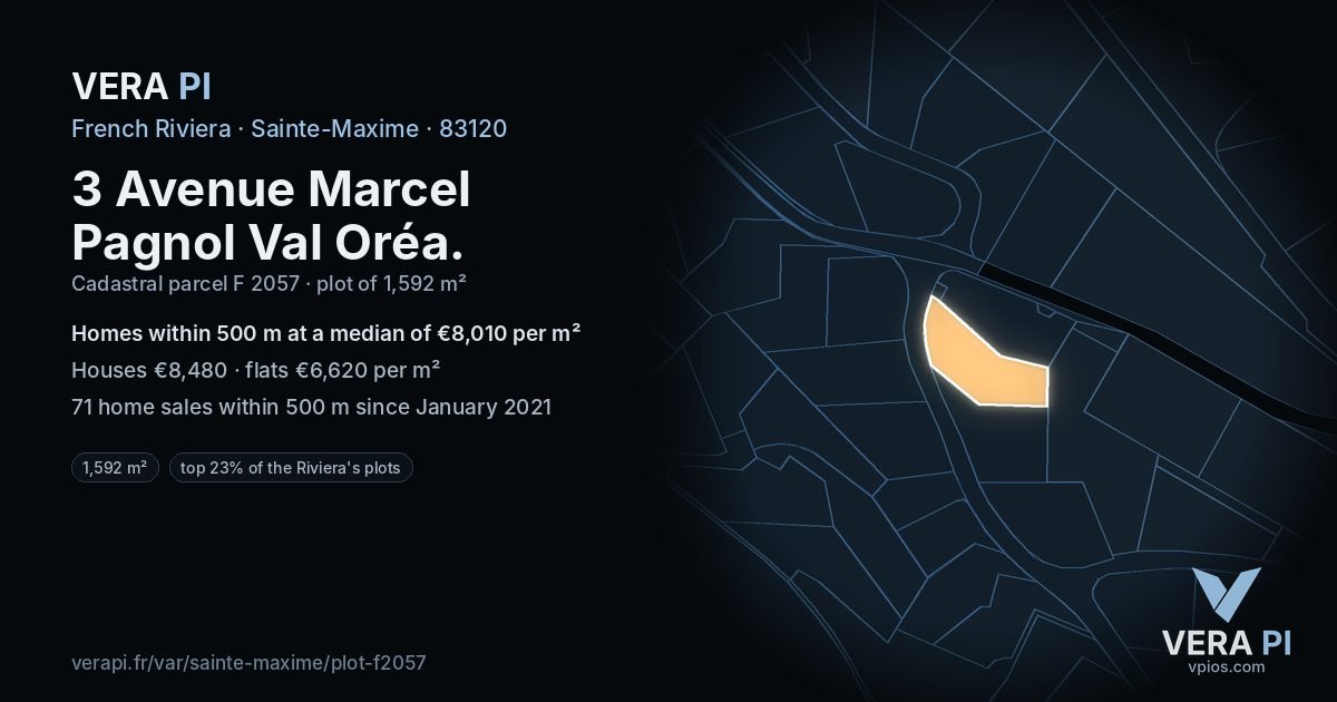 3 Avenue Marcel Pagnol Val Oréa, Sainte-Maxime at night – the plot lit, the parcels around coloured by the prices near them