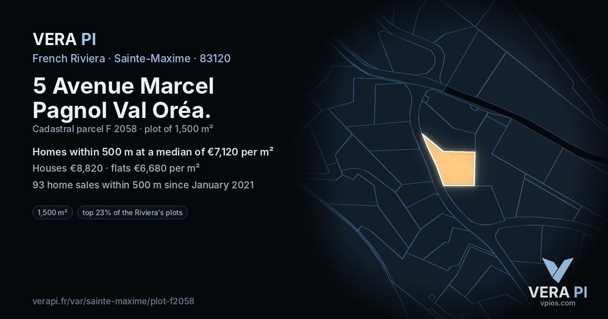 5 Avenue Marcel Pagnol Val Oréa, Sainte-Maxime at night – the plot lit, the parcels around coloured by the prices near them
