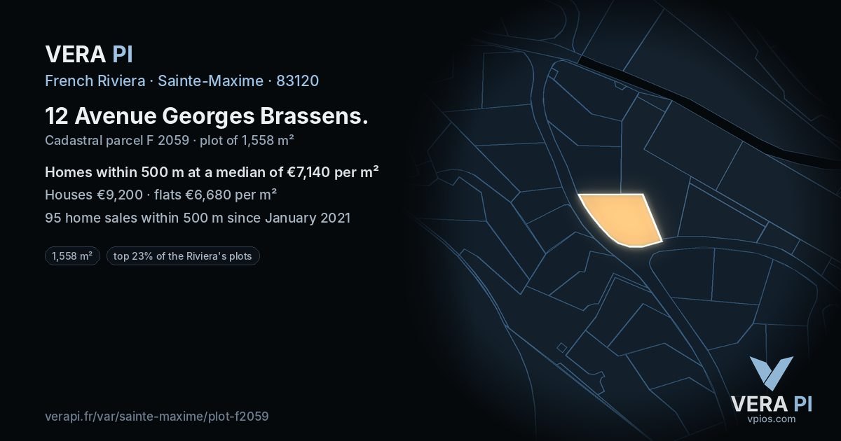 12 Avenue Georges Brassens, Sainte-Maxime at night – the plot lit, the parcels around coloured by the prices near them