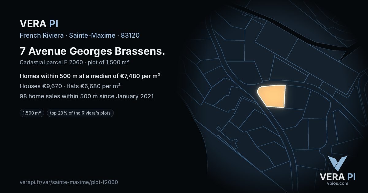 7 Avenue Georges Brassens, Sainte-Maxime at night – the plot lit, the parcels around coloured by the prices near them