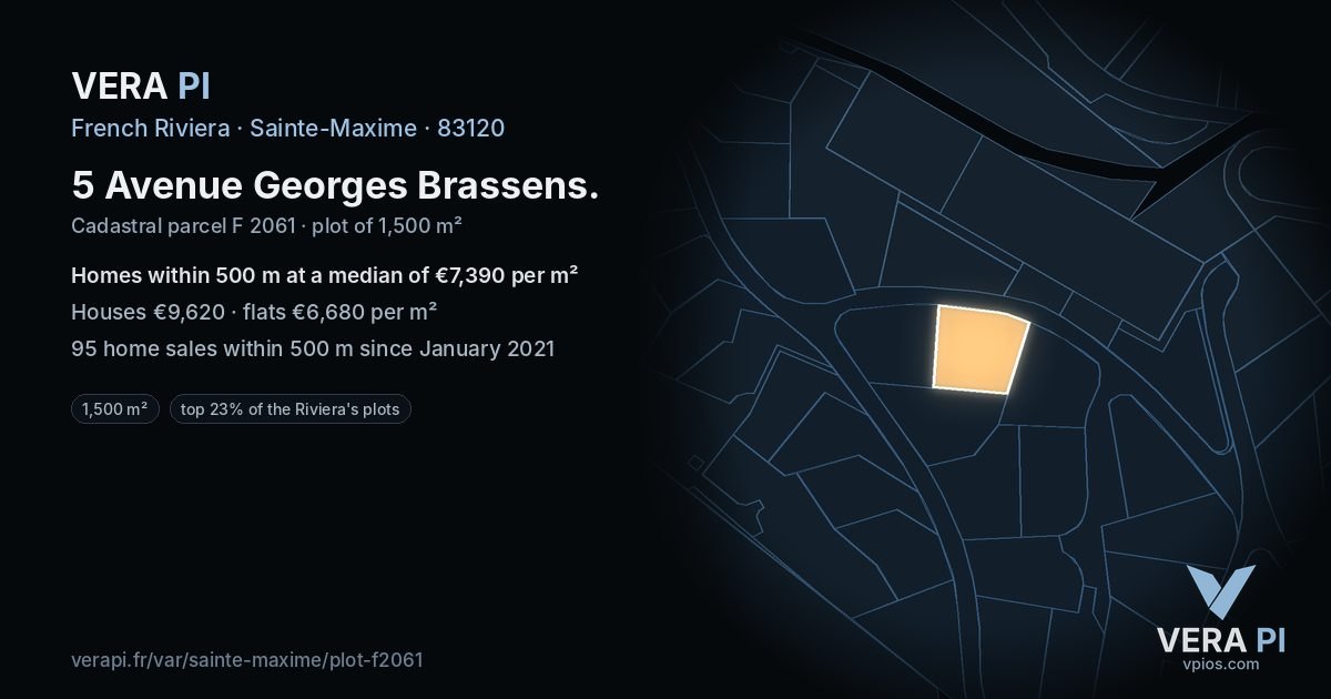 5 Avenue Georges Brassens, Sainte-Maxime at night – the plot lit, the parcels around coloured by the prices near them