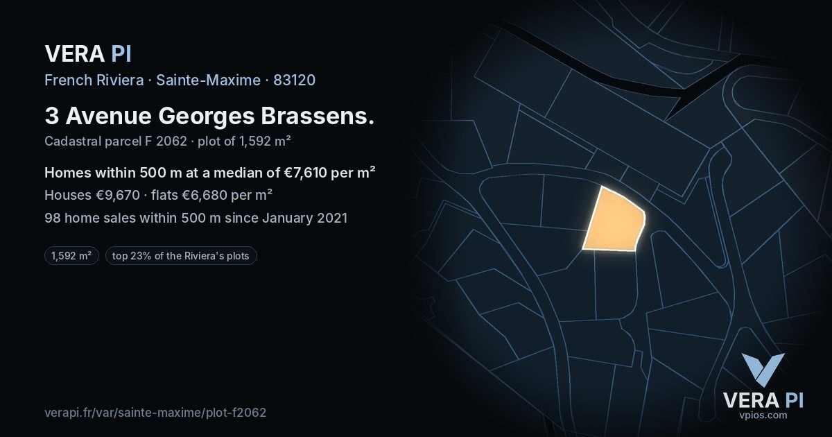 3 Avenue Georges Brassens, Sainte-Maxime at night – the plot lit, the parcels around coloured by the prices near them