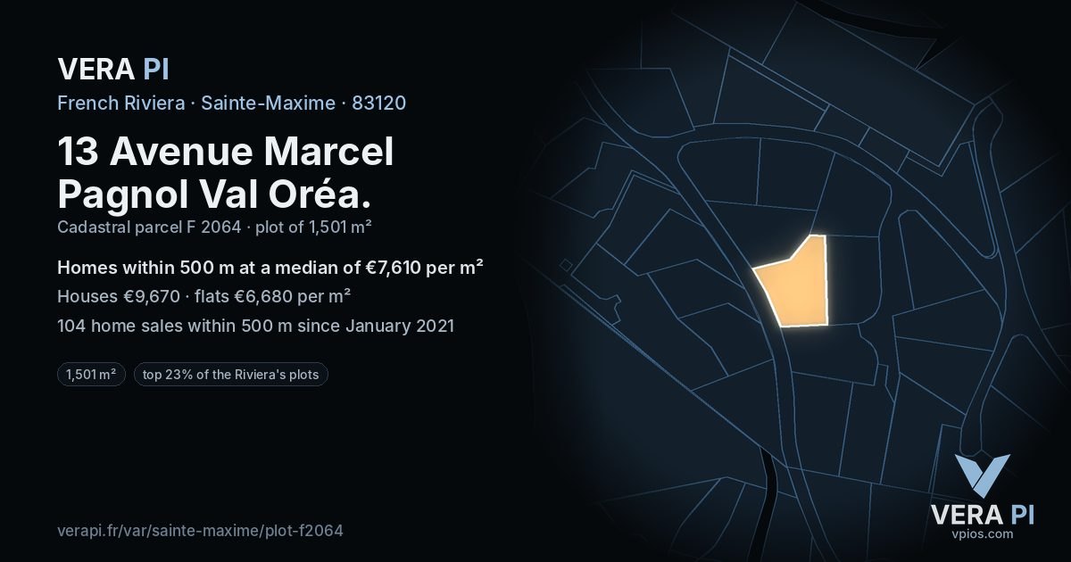 13 Avenue Marcel Pagnol Val Oréa, Sainte-Maxime at night – the plot lit, the parcels around coloured by the prices near them