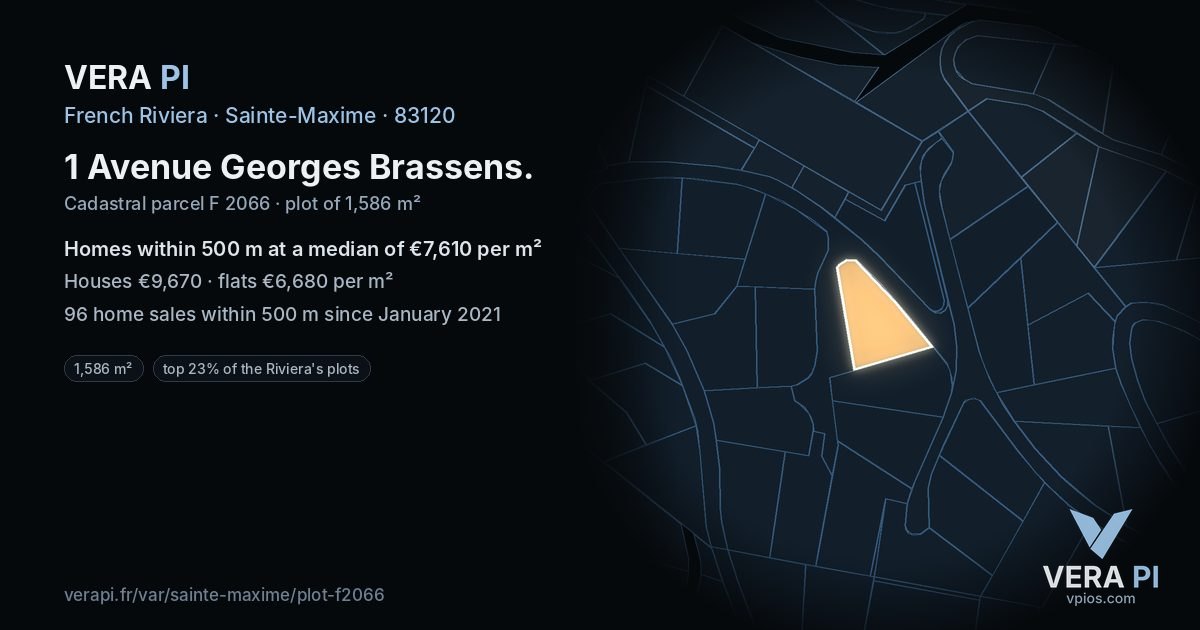 1 Avenue Georges Brassens, Sainte-Maxime at night – the plot lit, the parcels around coloured by the prices near them