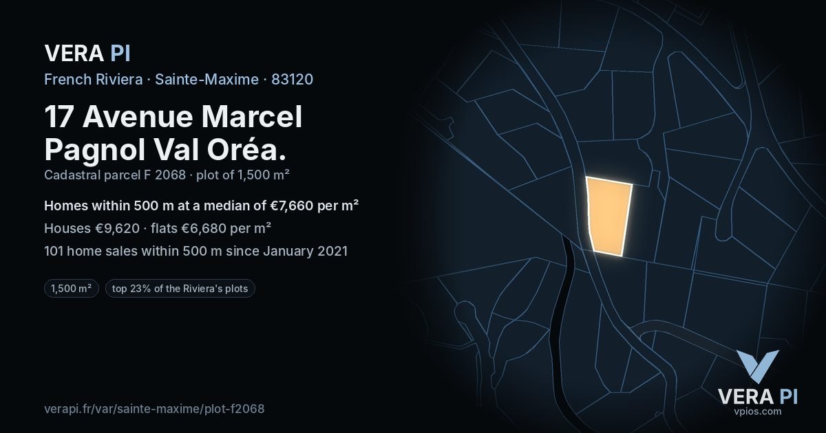 17 Avenue Marcel Pagnol Val Oréa, Sainte-Maxime at night – the plot lit, the parcels around coloured by the prices near them