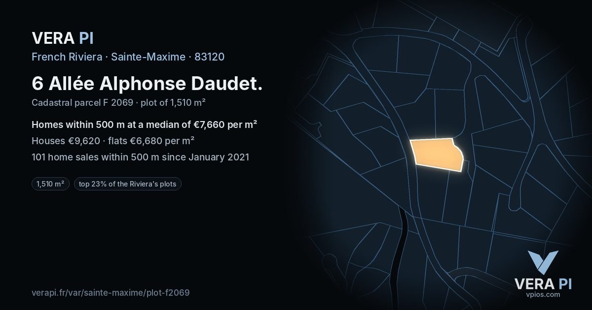 6 Allée Alphonse Daudet, Sainte-Maxime at night – the plot lit, the parcels around coloured by the prices near them