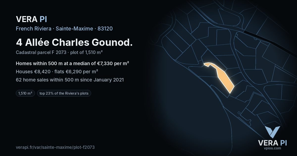 4 Allée Charles Gounod, Sainte-Maxime at night – the plot lit, the parcels around coloured by the prices near them