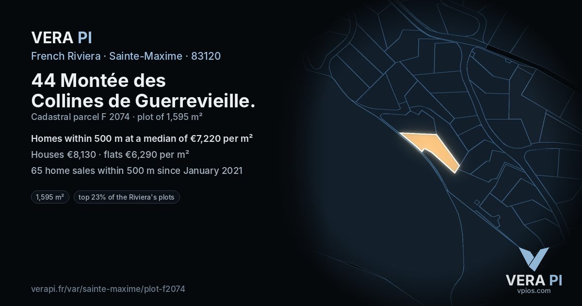 44 Montée des Collines de Guerrevieille, Sainte-Maxime at night – the plot lit, the parcels around coloured by the prices near them