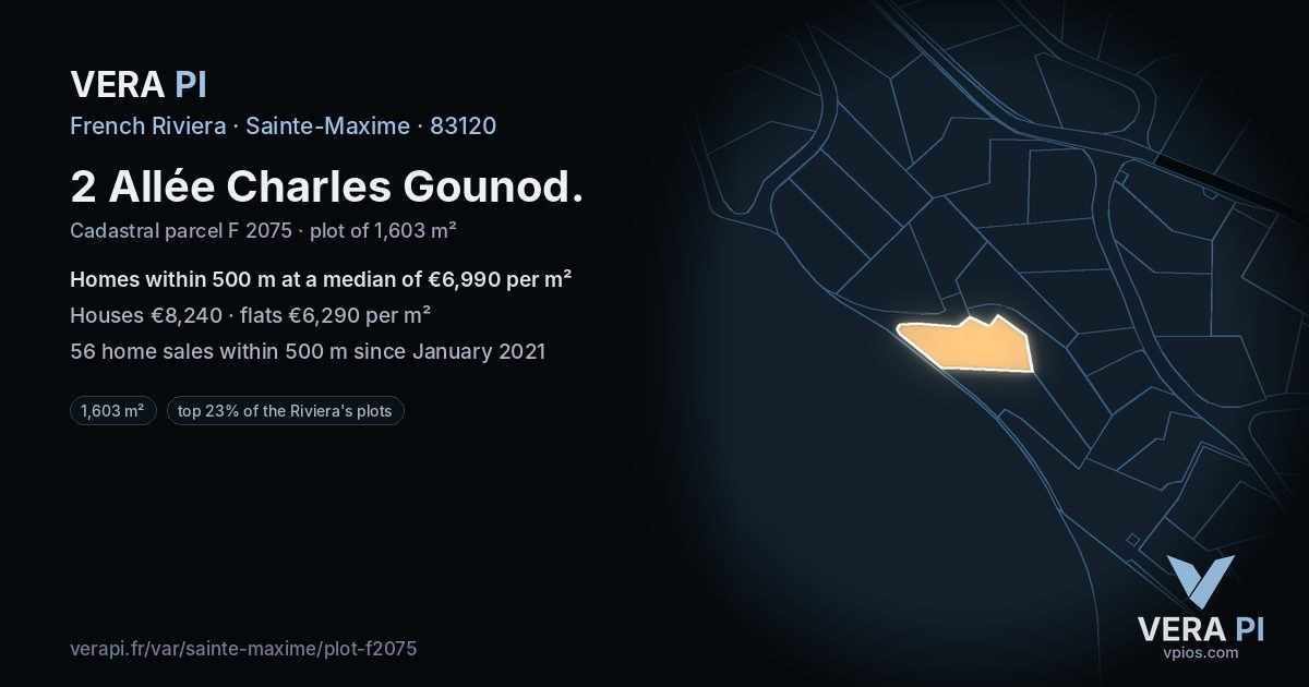2 Allée Charles Gounod, Sainte-Maxime at night – the plot lit, the parcels around coloured by the prices near them