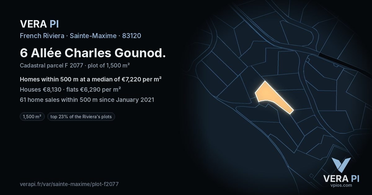 6 Allée Charles Gounod, Sainte-Maxime at night – the plot lit, the parcels around coloured by the prices near them