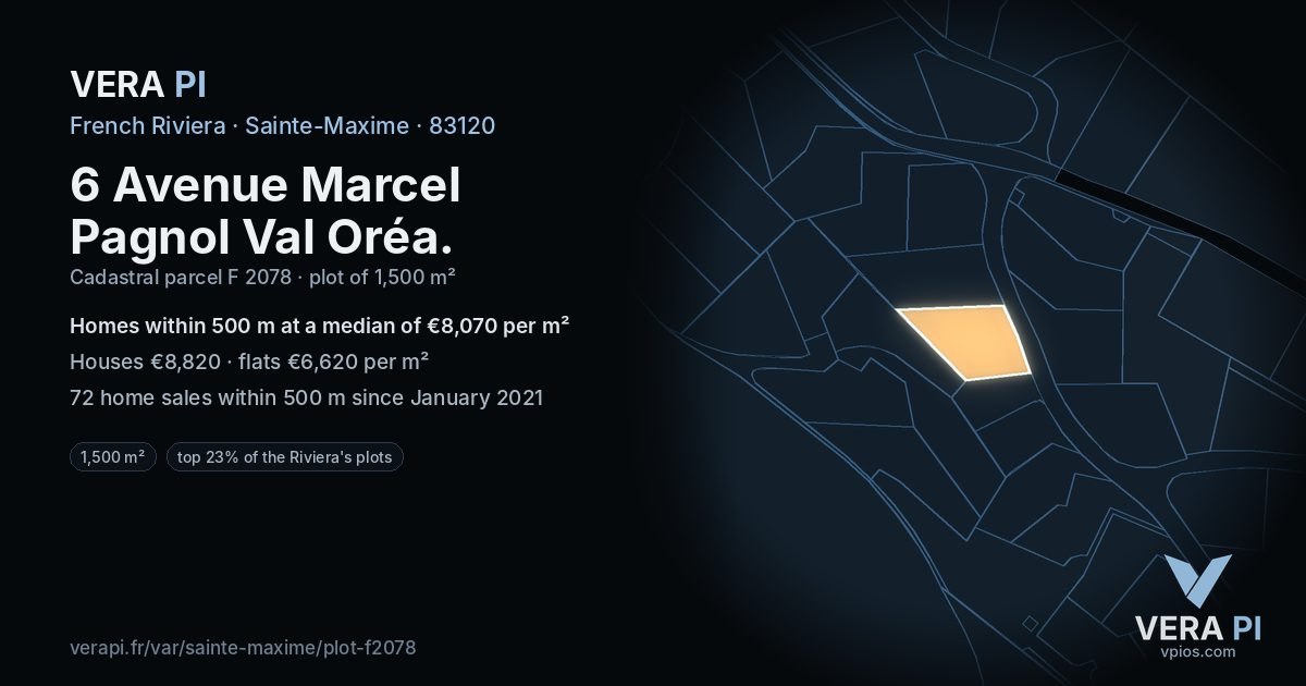 6 Avenue Marcel Pagnol Val Oréa, Sainte-Maxime at night – the plot lit, the parcels around coloured by the prices near them