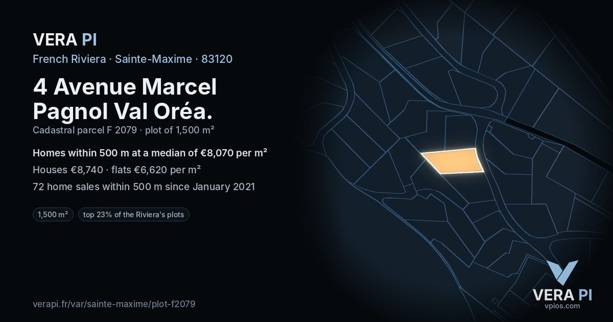 4 Avenue Marcel Pagnol Val Oréa, Sainte-Maxime at night – the plot lit, the parcels around coloured by the prices near them