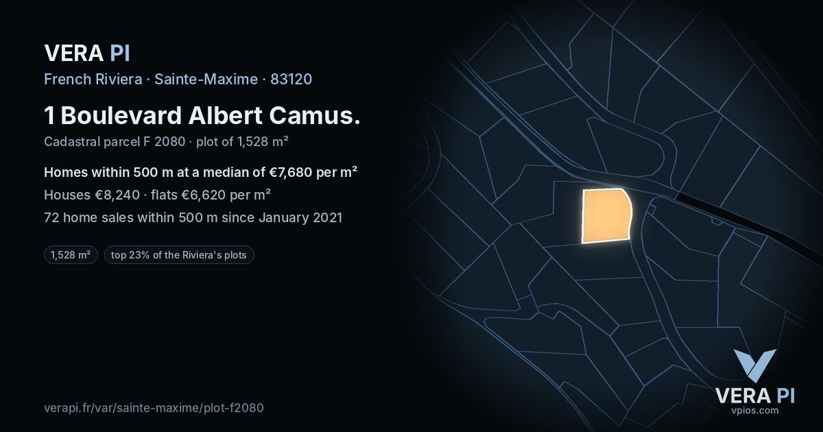 1 Boulevard Albert Camus, Sainte-Maxime at night – the plot lit, the parcels around coloured by the prices near them