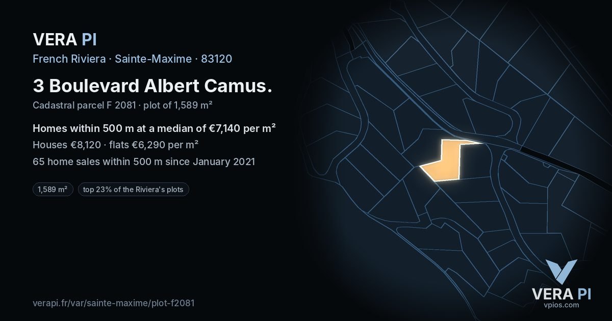 3 Boulevard Albert Camus, Sainte-Maxime at night – the plot lit, the parcels around coloured by the prices near them