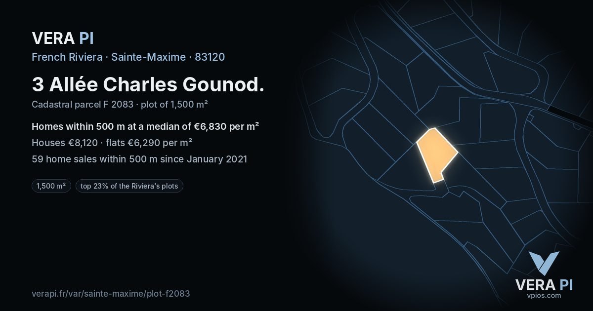 3 Allée Charles Gounod, Sainte-Maxime at night – the plot lit, the parcels around coloured by the prices near them