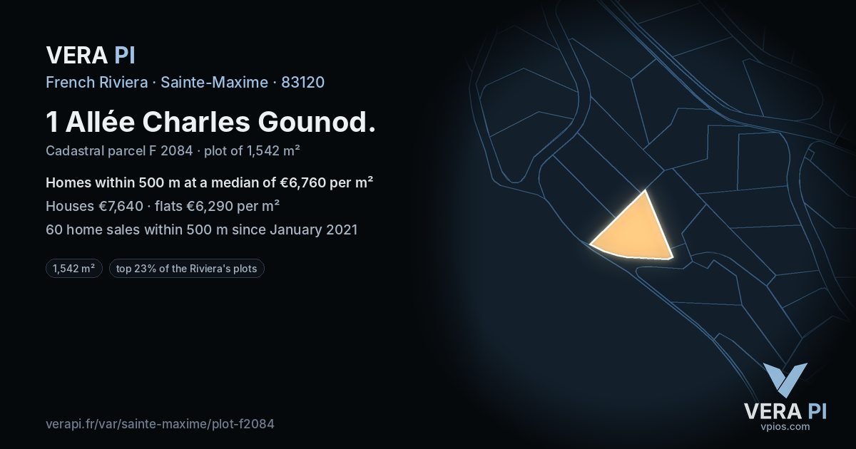 1 Allée Charles Gounod, Sainte-Maxime at night – the plot lit, the parcels around coloured by the prices near them