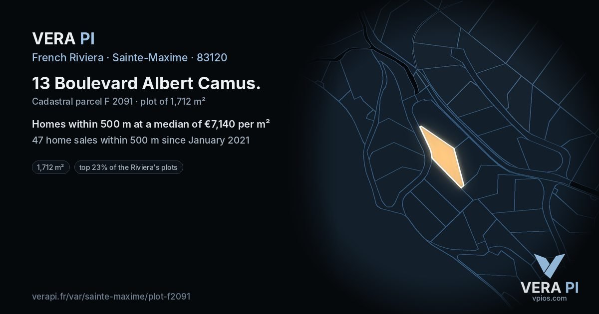 13 Boulevard Albert Camus, Sainte-Maxime at night – the plot lit, the parcels around coloured by the prices near them