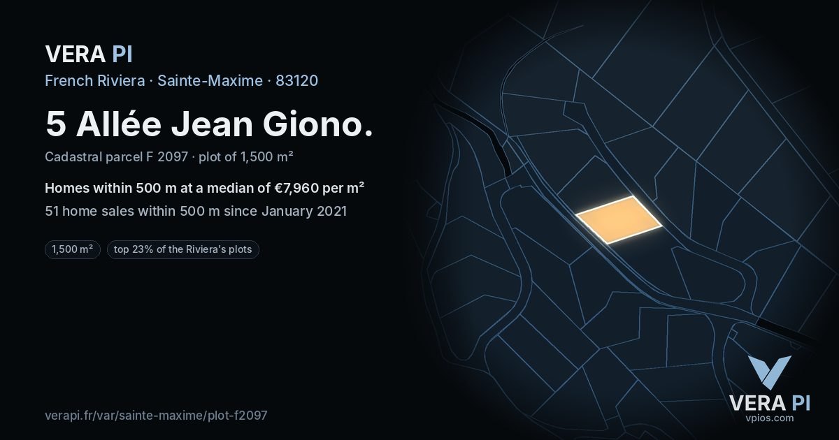 5 Allée Jean Giono, Sainte-Maxime at night – the plot lit, the parcels around coloured by the prices near them