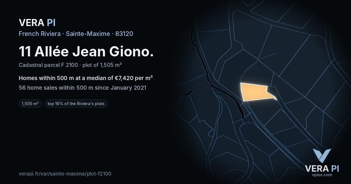 11 Allée Jean Giono, Sainte-Maxime at night – the plot lit, the parcels around coloured by the prices near them