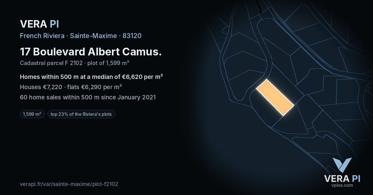 17 Boulevard Albert Camus, Sainte-Maxime at night – the plot lit, the parcels around coloured by the prices near them