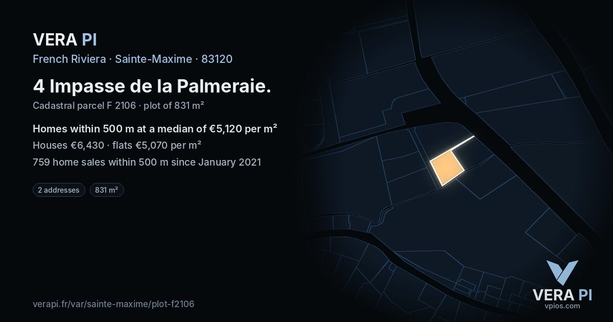 4 Impasse de la Palmeraie, Sainte-Maxime at night – the plot lit, the parcels around coloured by the prices near them
