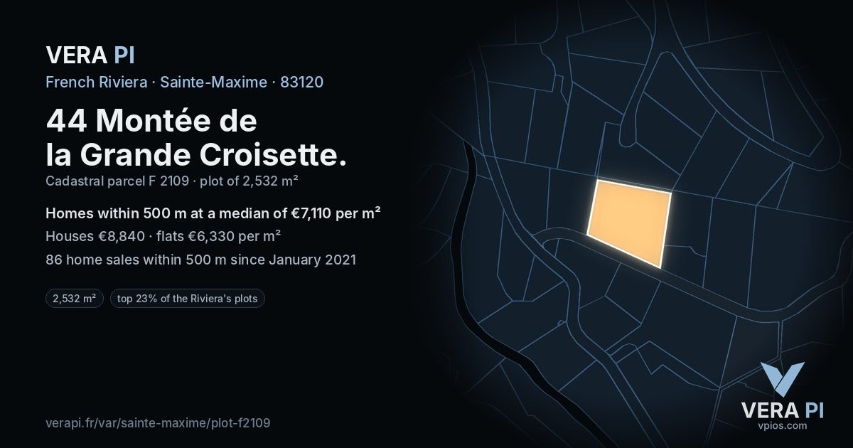 44 Montée de la Grande Croisette, Sainte-Maxime at night – the plot lit, the parcels around coloured by the prices near them