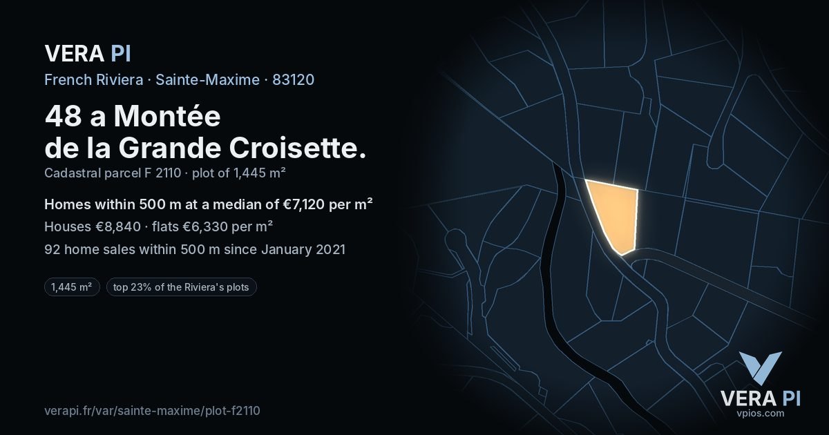48 a Montée de la Grande Croisette, Sainte-Maxime at night – the plot lit, the parcels around coloured by the prices near them