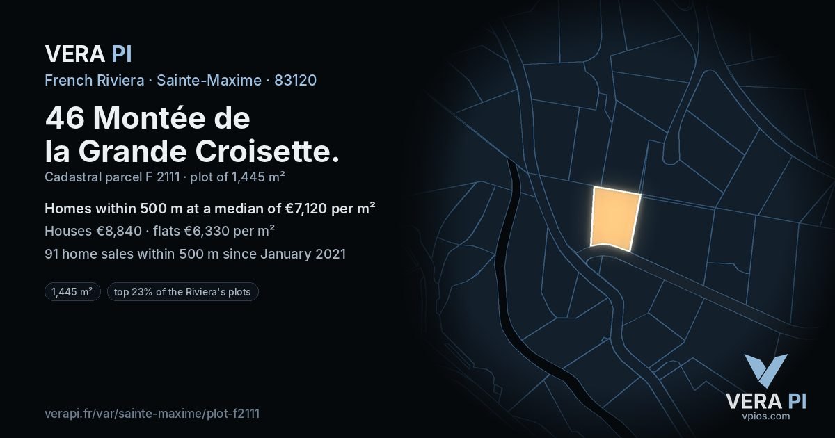 46 Montée de la Grande Croisette, Sainte-Maxime at night – the plot lit, the parcels around coloured by the prices near them