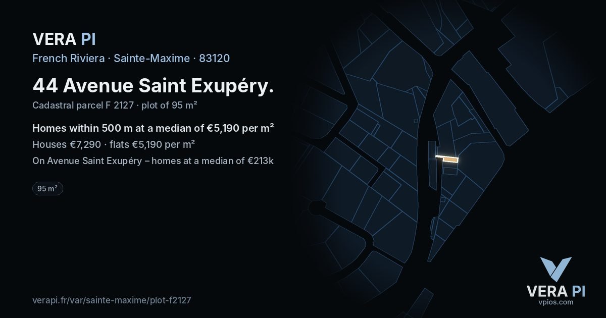 44 Avenue Saint Exupéry, Sainte-Maxime at night – the plot lit, the parcels around coloured by the prices near them